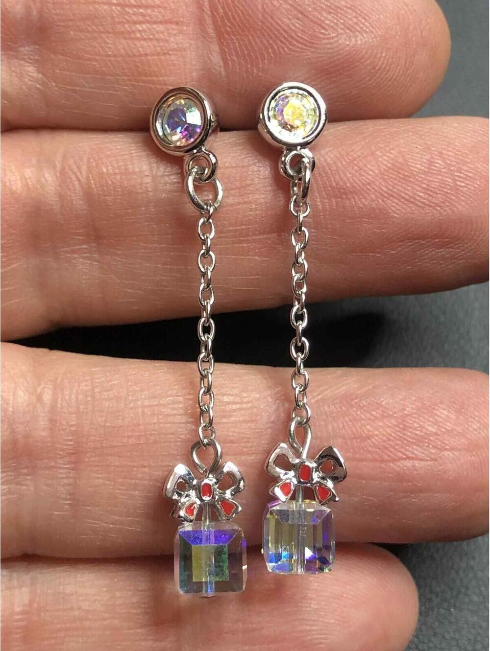6639 Swarovski silvertone dangling AB Aurora crystal swan present bow Earrings